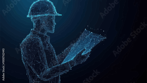 Digital Engineer Architect Holding Blueprint Vector Illustration in Polygonal Wireframe With Lines and Dots on Dark Blue Background - Construction Concept