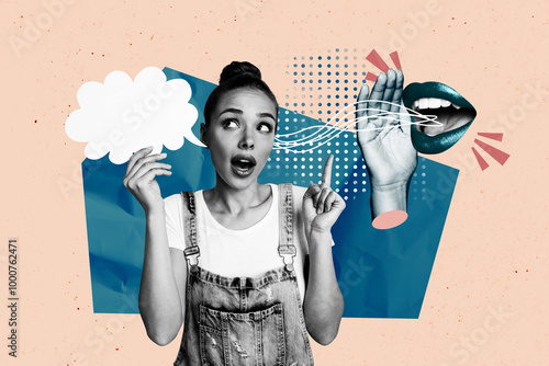 Obraz na plátne Sketch collage image of funny girl listen interesting information news whisper i