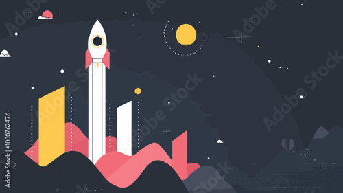 Futuristic Rocket Launch with Geometric Elements in Abstract Landscape, Concept of Space Exploration and Technology Innovation
