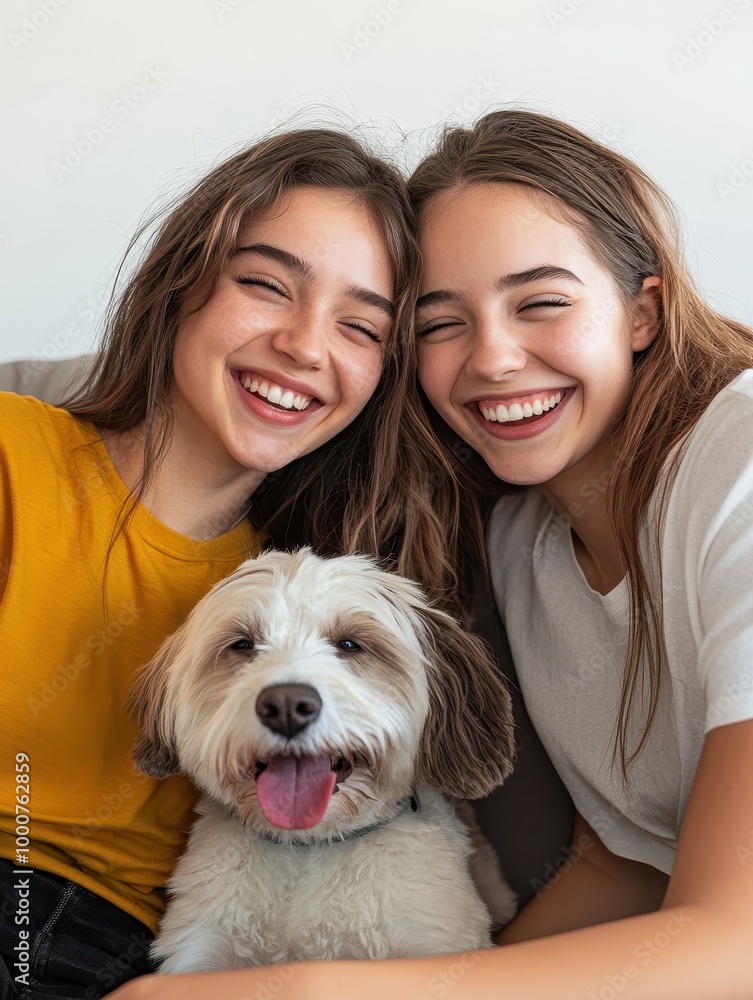 Two girls are smiling and laughing while sitting next to a dog Two girls are smiling and laughing while sitting next to a dog