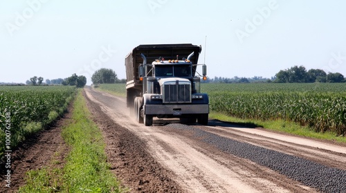 A semi truck is driving down a dirt road in a field