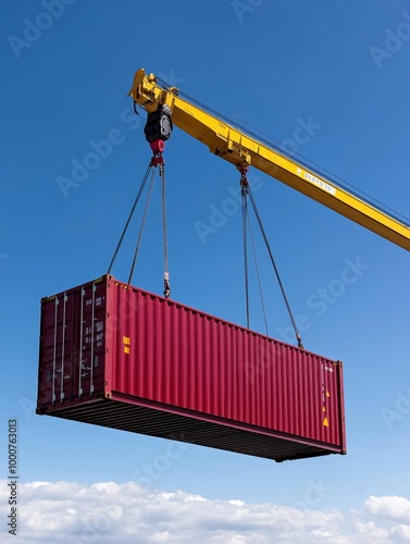 A crane is lifting a red container