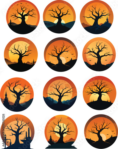 The collection of orange and black color circle with silhouettes of haunted and spooky trees Halloween vectors set collection.