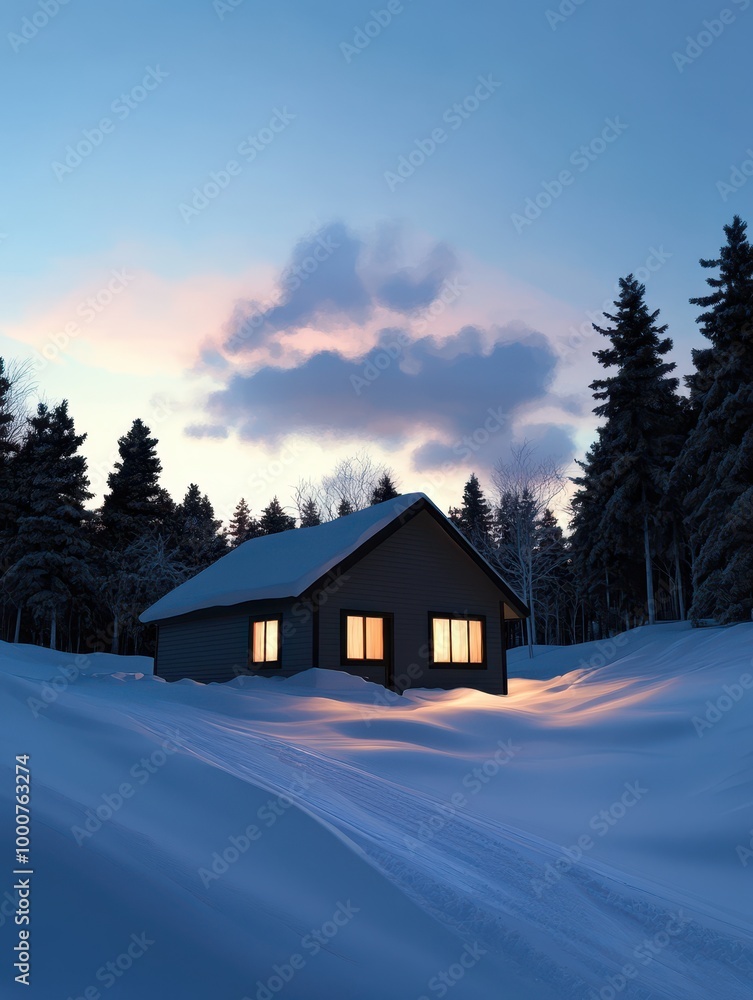 A small cabin is surrounded by snow and trees A small cabin is surrounded by snow and trees