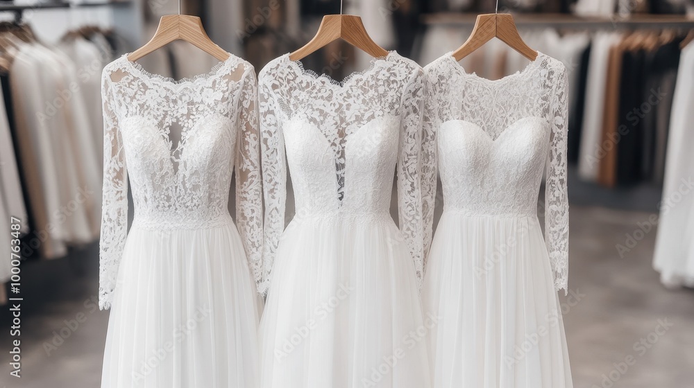 Three white wedding dresses are hanging on a rack in a store Three white wedding dresses are hanging on a rack in a store