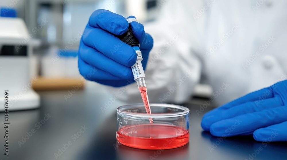 A scientist is using a pipette to transfer a red liquid into a petri dish A scientist is using a pipette to transfer a red liquid into a petri dish