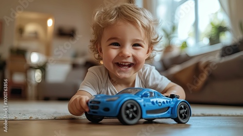A Happy Toddler Playing with a Blue Toy Car
