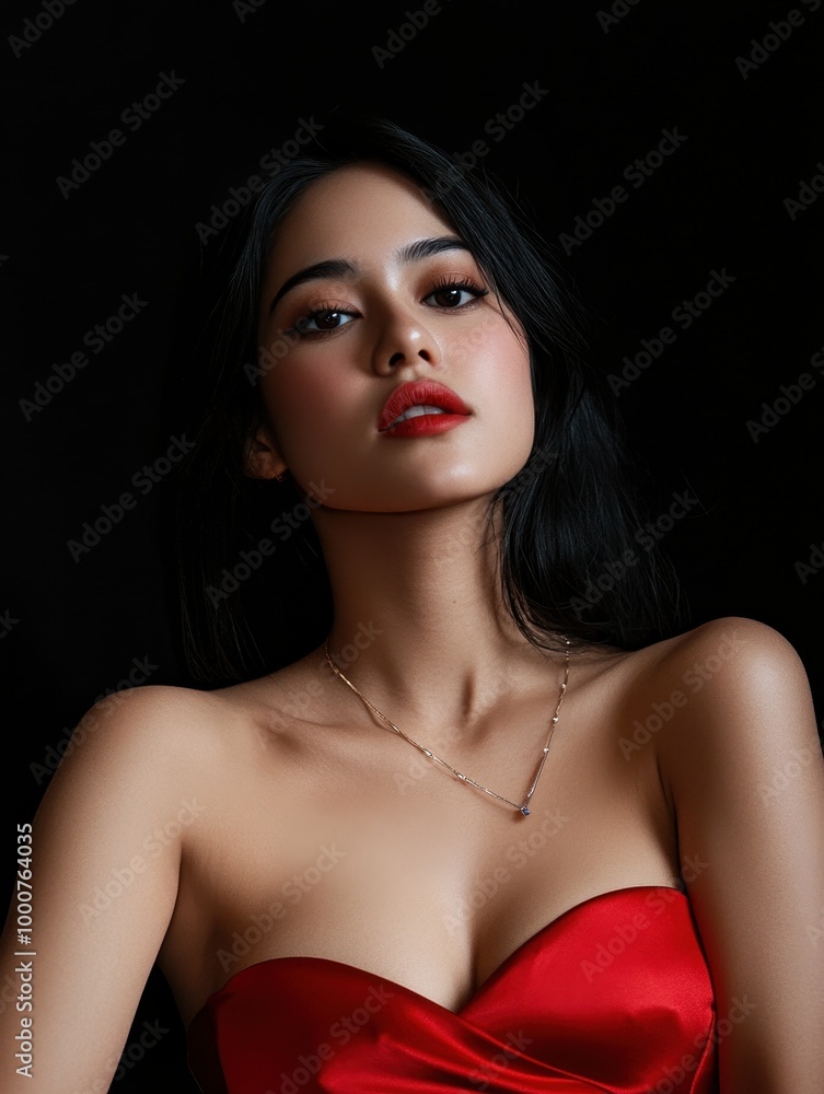 A woman in a red dress with a necklace around her neck A woman in a red dress with a necklace around her neck