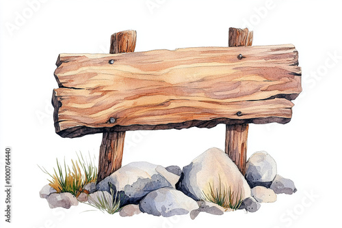 A rustic wooden sign stands on sturdy posts, surrounded by smooth stones and tufts of grass, evoking sense of nature and tranquility