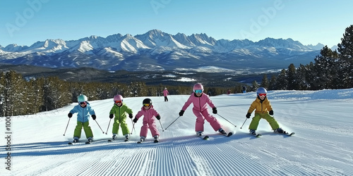 A family in neon-colored sk...