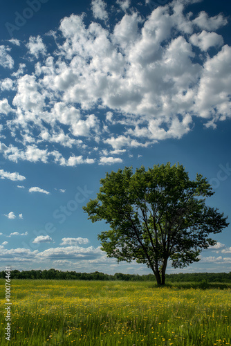 Solitary Tree in a Field of Yellow Flowers Under a Blue Sky