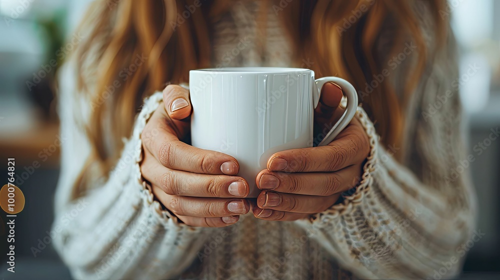 Woman's Hands Holding a White Mug in a Cozy Sweater Woman's Hands Holding a White Mug in a Cozy Sweater