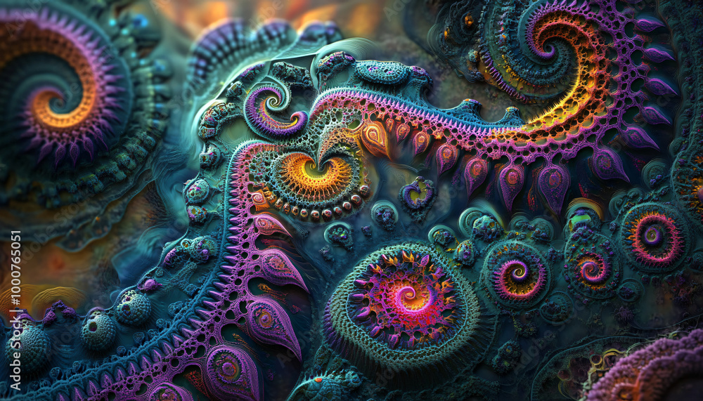 Intricate, repeating fractal patterns in vibrant colors that draw the eye into complex and mesmerizing designs Intricate, repeating fractal patterns in vibrant colors that draw the eye into complex and mesmerizing designs