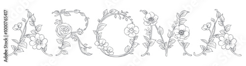 お花のスケッチ風、デザイン文字で作ったAROMA。ベクター素材。