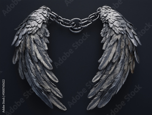 Detailed Metal Wings Chained Together Symbolizing Restriction and Power