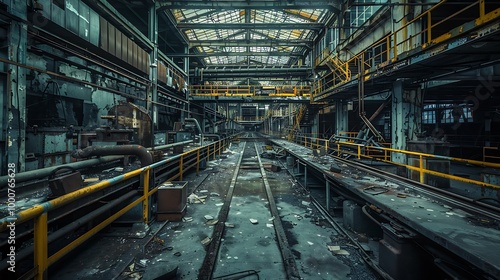 A desolate industrial space featuring rusty machinery, scattered debris, and elongating shadows, evoking a sense of abandonment and decay.