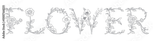 お花のスケッチ風、デザイン文字で作ったFLOWER。ベクター素材。