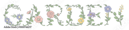 お花のスケッチ風、デザイン文字で作ったGARDEN。ベクター素材。