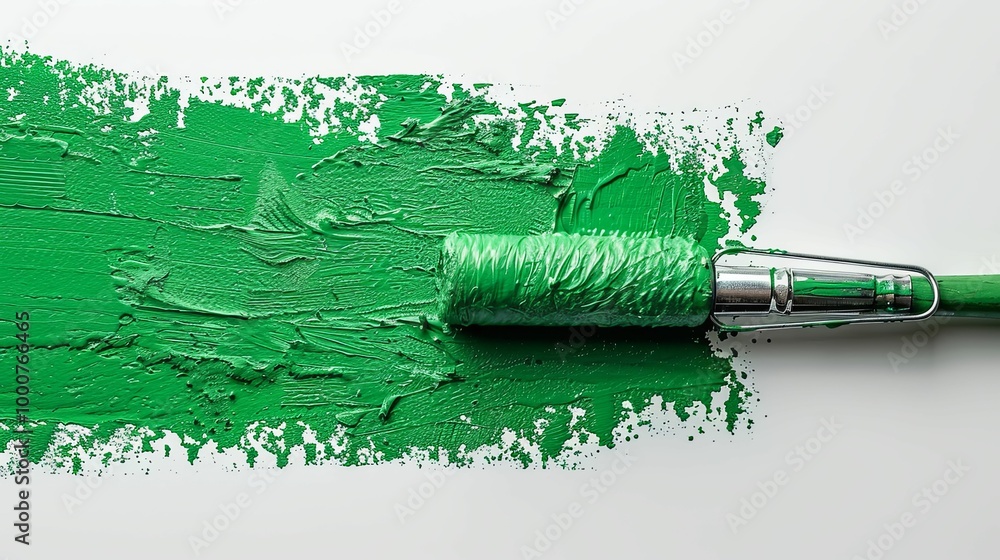 Fototapeta premium Green paint roller with fresh paint stroke on white background