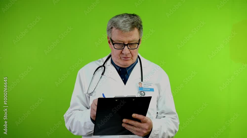 Senior doctor in white coat writes medical report on paper using tablet and smiling. Senior doctor in white coat writes medical report on paper using tablet and smiling.
