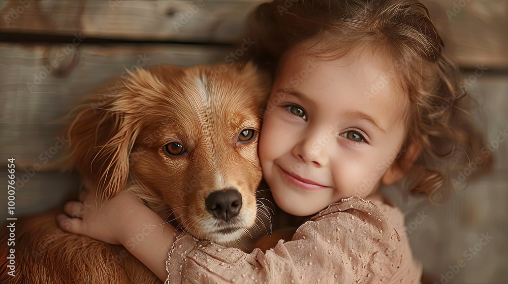 A young girl with a big smile hugs her brown and white dog A young girl with a big smile hugs her brown and white dog