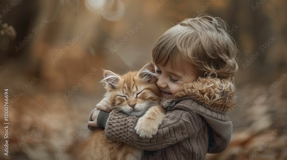 A Little Girl Holding and Smiling at a Ginger Cat in the Woods A Little Girl Holding and Smiling at a Ginger Cat in the Woods