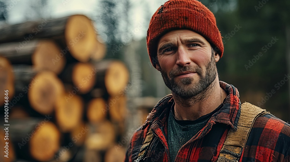 A Lumberjack in a Red Plaid Shirt with a Pile of Logs in the Background