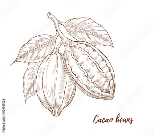 Vector cocoa plant with nuts and leaves line art illustration, graphic line cocoa plant combination. cocoa branch. cocoa botanical. Retro engraving style. Great for any designs, textile, art, walls, p
