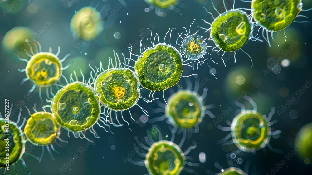 Microscopic View of Green Algae with Appendages Microscopic View of Green Algae with Appendages
