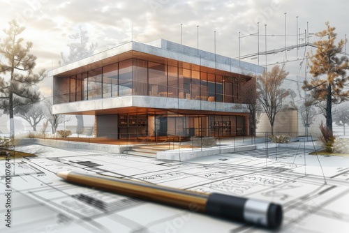 A modern architectural design showcases a glass-walled building amid a winter landscape, complete with blueprints and a pencil in the foreground.