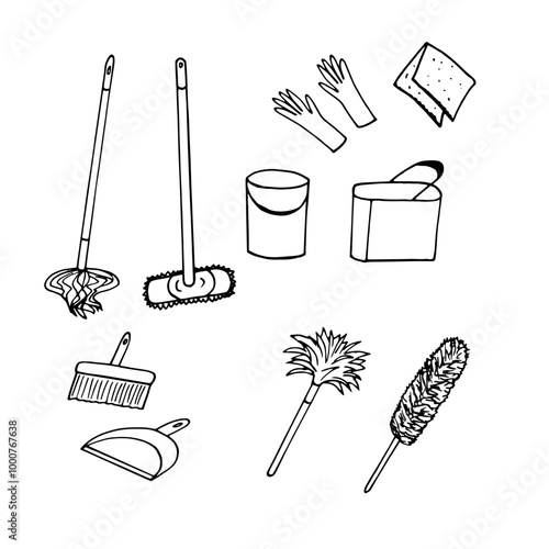 cleaning set hand drawn in doodle style. mop, bucket, pipduster, gloves, dustpan, brush, scoop. minimalism, monochrome, scandinavian, linear