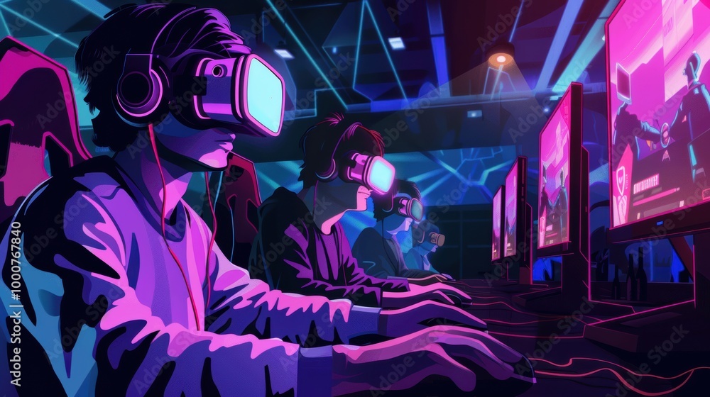 Virtual reality gamers competing in an e-sports tournament with high-tech equipment, cartoon comic style