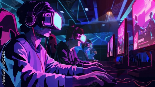 Obraz na płótnie Virtual reality gamers competing in an e-sports tournament with high-tech equipment, cartoon comic style w salonie