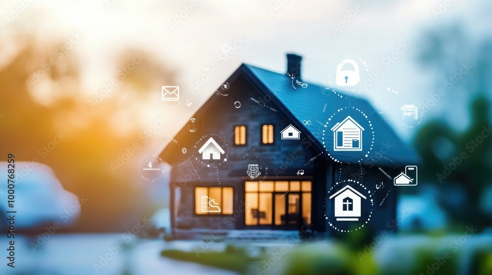 Home insurance concept with a residence surrounded by protection symbols, emphasizing security. Home insurance concept with a residence surrounded by protection symbols, emphasizing security.
