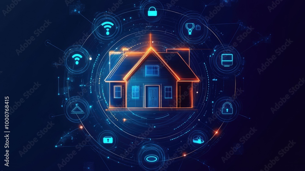 Home security and insurance concept with a residential property encircled by protection icons. Home security and insurance concept with a residential property encircled by protection icons.