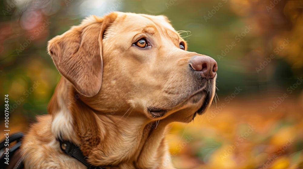 Golden Retriever Dog Looking Up with Blurry Fall Foliage Background Golden Retriever Dog Looking Up with Blurry Fall Foliage Background