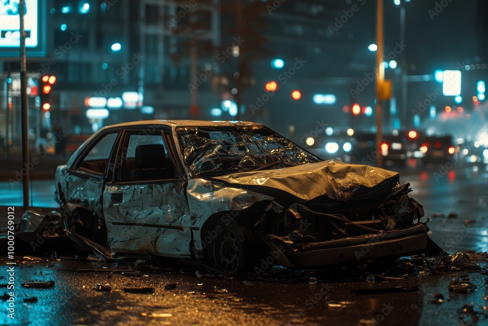A damaged car sits abandoned on a city street, illuminated by night lights with blurred vehicles rushing by in the background A damaged car sits abandoned on a city street, illuminated by night lights with blurred vehicles rushing by in the background