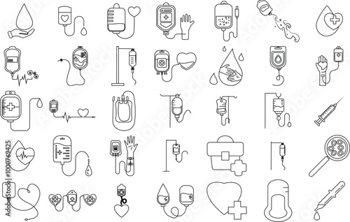 Blood bag icon set for logo and t-shirt. Thin line art editable stroke.