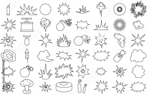 Bomb Explosion icon set for logo and t-shirt. Thin line art editable stroke. Containing explode, bomb, boom, blast, bang, burst and explosive weapon icons.