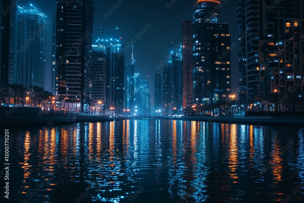 Fototapeta premium The cityscape features glowing skyscrapers and a peaceful canal reflecting dazzling lights, creating a serene atmosphere at night