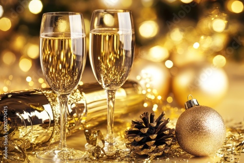 Two elegant glasses filled with sparkling beverage sit near festive golden decorations, creating a warm celebration atmosphere for the holiday