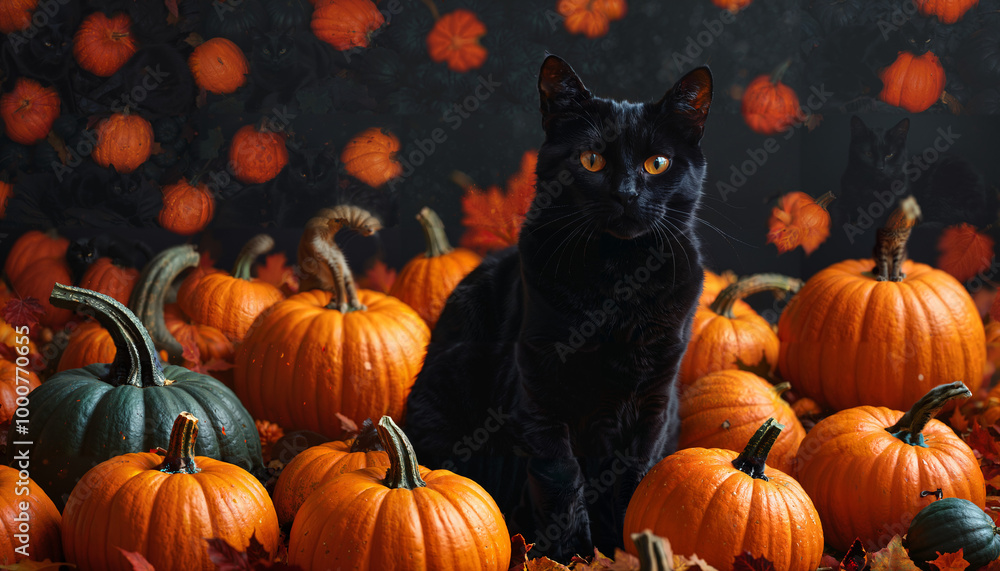 Chat noir parmi les citrouilles d'automne Chat noir parmi les citrouilles d'automne