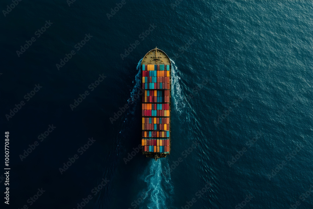 An aerial view of a massive cargo ship navigating through calm, deep blue ocean waters An aerial view of a massive cargo ship navigating through calm, deep blue ocean waters