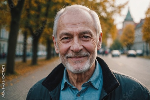 Close portrait of a smiling senior Russian man looking at the camera, Russian outdoors blurred background