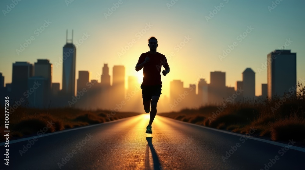 Runner Silhouette Against City Skyline Runner Silhouette Against City Skyline