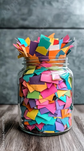 A bright, colorful gratitude jar filled with notes about things the person is thankful for, demonstrating a simple but effective happiness hack photo