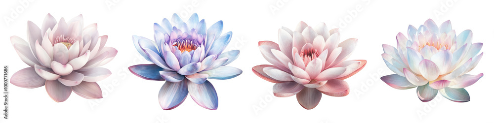 Breathtaking close up of vibrant lotus flowers in full bloom floating on the calm surface of a serene pond The delicate pink blue and white petals create a mesmerizing zen like atmosphere Breathtaking close up of vibrant lotus flowers in full bloom floating on the calm surface of a serene pond The delicate pink blue and white petals create a mesmerizing zen like atmosphere