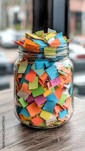 A bright, colorful gratitude jar filled with notes about things the person is thankful for, demonstrating a simple but effective happiness hack photo