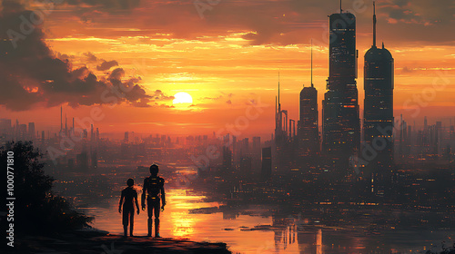 Two people standing on a bridge looking out over a city at sunset