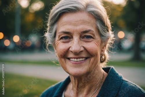 Close portrait of a smiling senior Sammarinese woman looking at the camera, Sammarinese outdoors blurred background